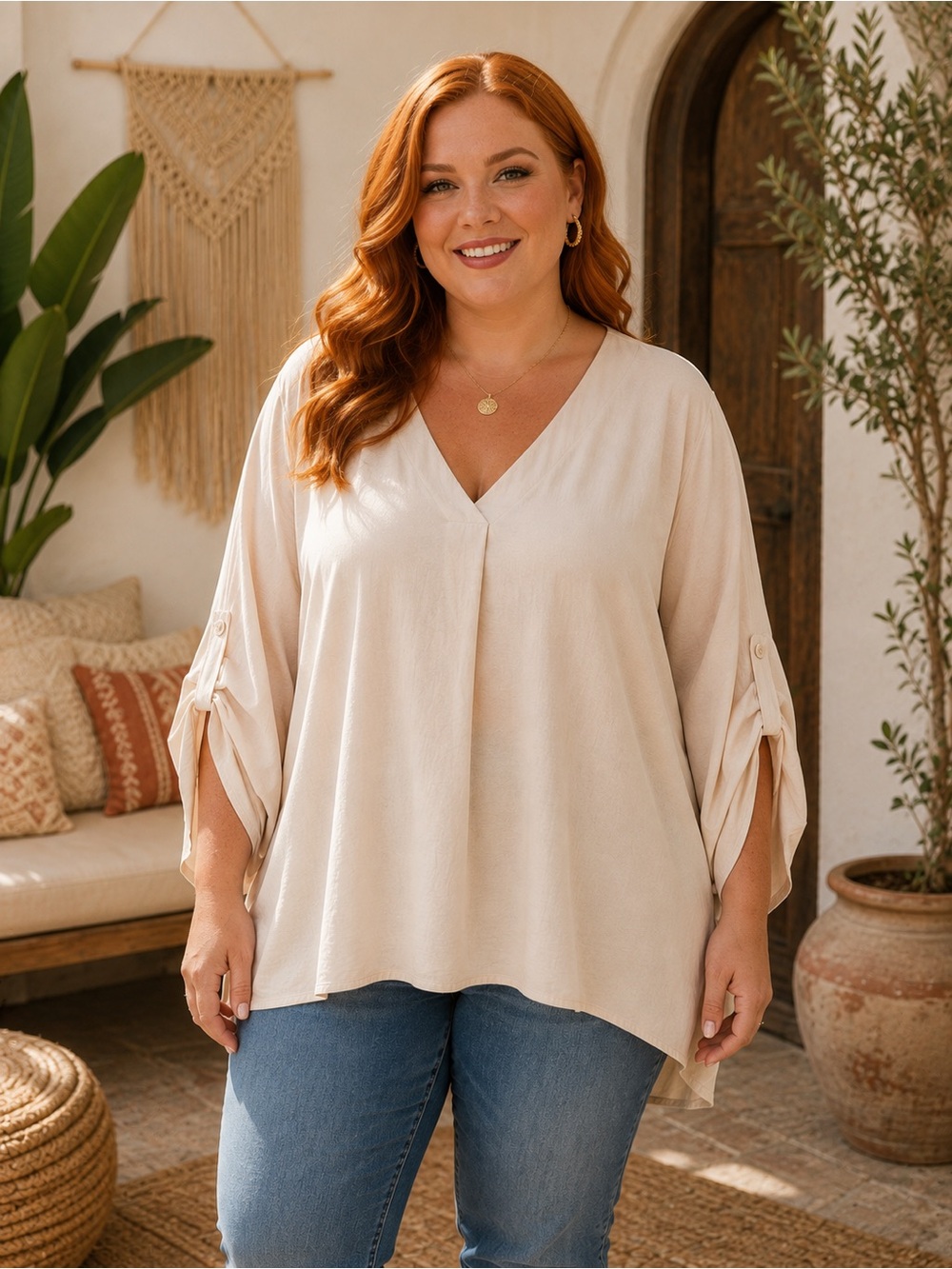 134 NWT Umgee Cream V-Neck Tunic with Button-Tab Sleeves